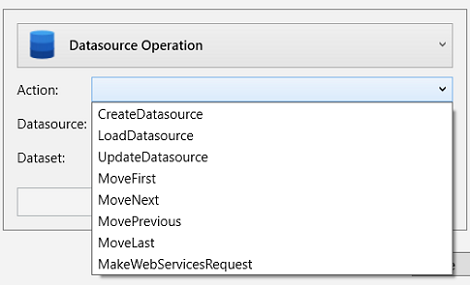 Picture showing the Datasource actions drop-down list in the Event Builder pop-up.